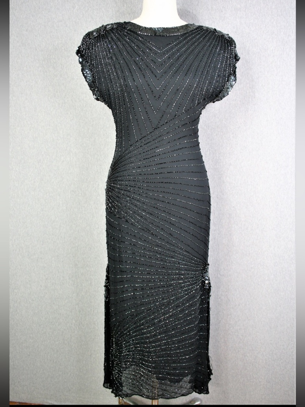 Black Beaded Cap-Sleeve Maxi Dress